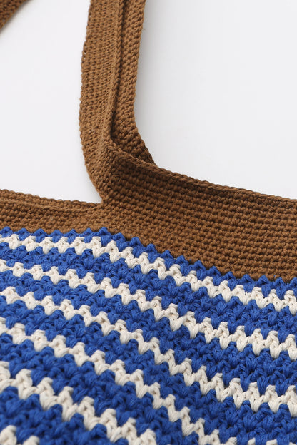 Nautical wave crochet tote bag in blue and Chocolate colore by can she crochet
