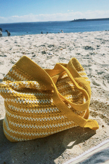 Nautical wave crochet tote bag in yellow and white by can she crochet